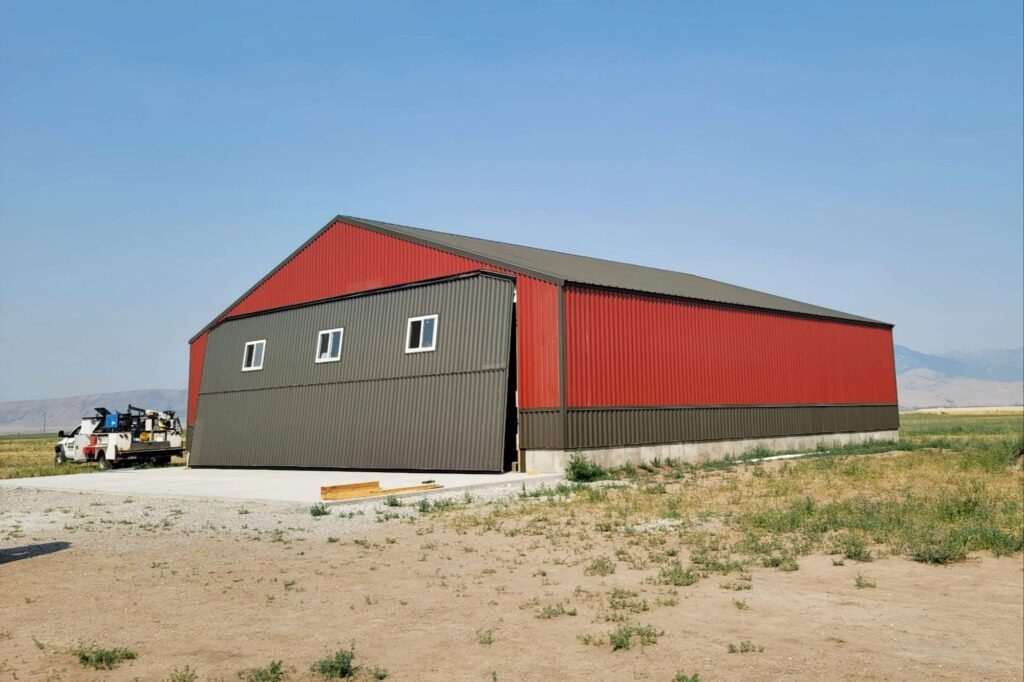 Pre-engineered steel airplane hangar in Preston Idaho built by Iron Squared