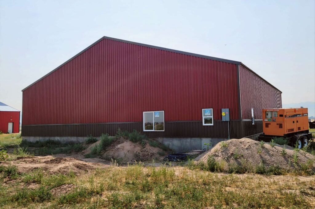 Backside of steel airplane hangar built in Preston Idaho by Iron Squared