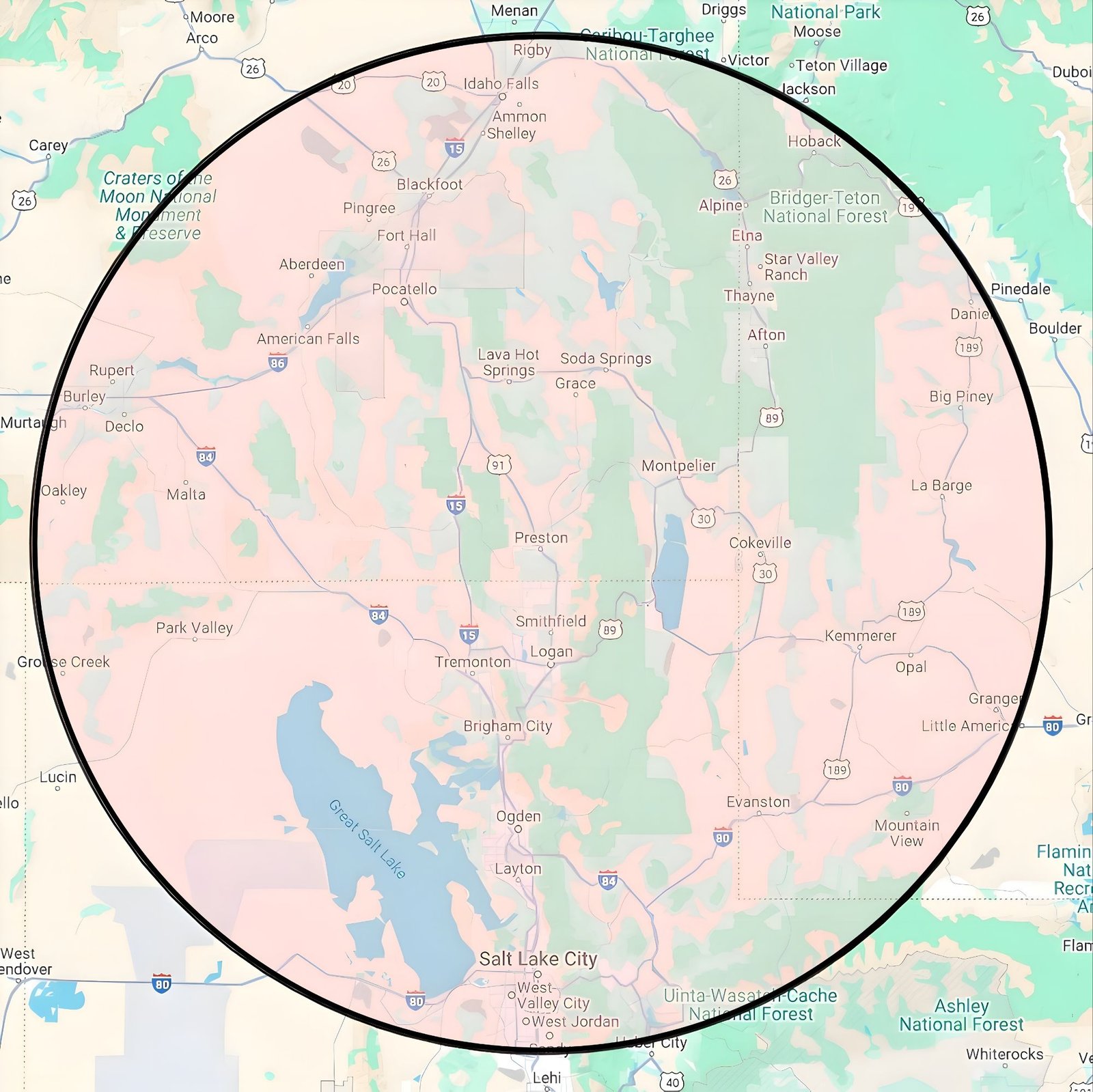Map showing Iron Squared's steel building service area covering northern Utah and southeastern Idaho